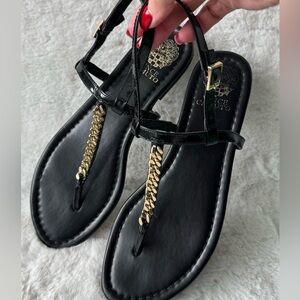 Vince Camuto Black T-Strap Sandals with Gold Chain Accent